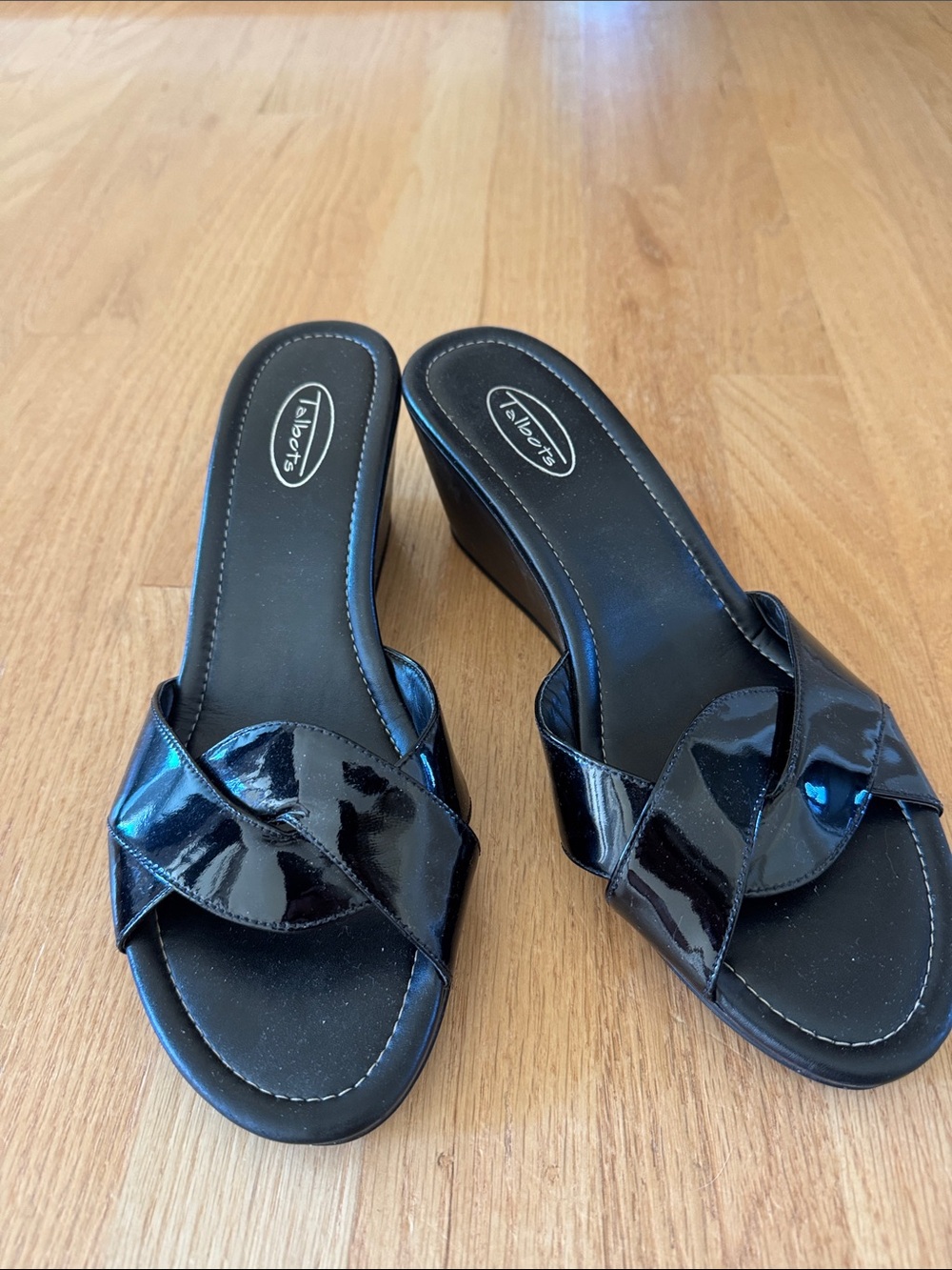 Talbots Black Patent Wedge Slide Sandals with Crossover Strap